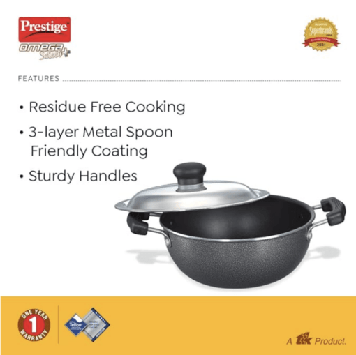 Prestige Omega Select Plus Aluminium Non-Stick Flat Base Kadhai with Lid, 27 cm, Black - Image 2
